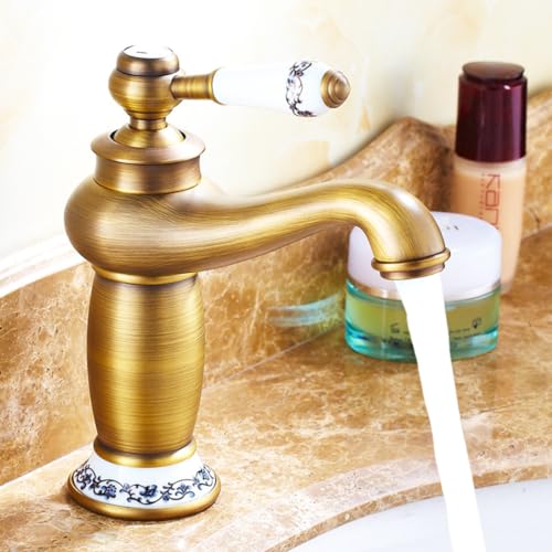 Ceramic Antique Brass Faucet Bathroom Sink Faucet Blue White Porcelain Long Neck Vintage Faucet Kitchen Water Basin Tap