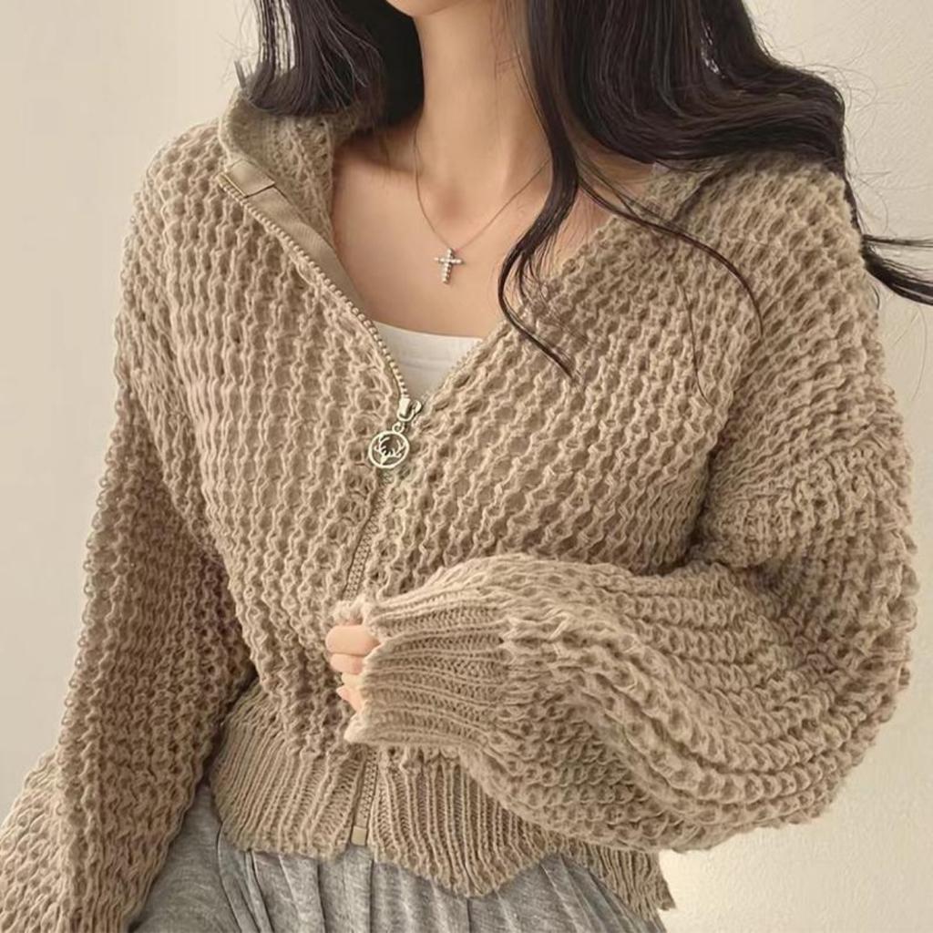 Hooded Knitted Cardigan Sweater Loose Zipper Long Sleeve Jacket