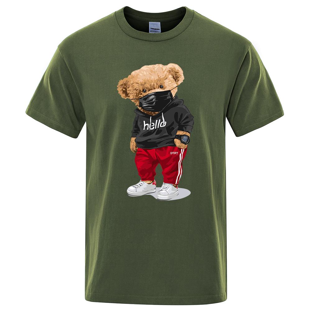 100% Cotton Sports Mask Bear Print Short-sleeved T-shirt male Half-sleeved Summer Casual Oversized T-shirt men Shirt S-3XL