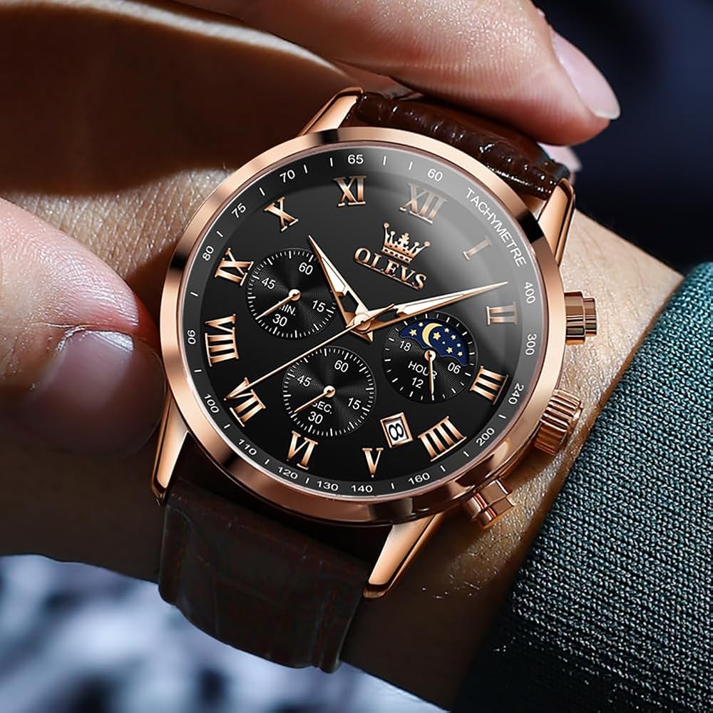 OLEVS Men's Stylish Waterproof Watch with Brown Leather Strap, Date Display, Analog Quartz, Black Dial