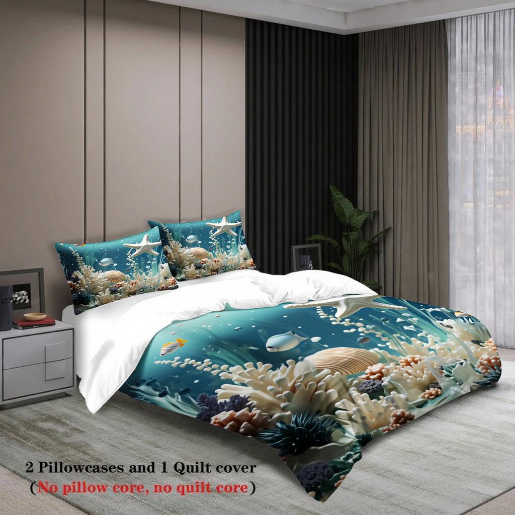 3pcs Blue Queen King Size Duvet Cover With 2 Pillowcases 3D Printed Coral Reef Sealife Soft Bedding Sets Comforter Not Included