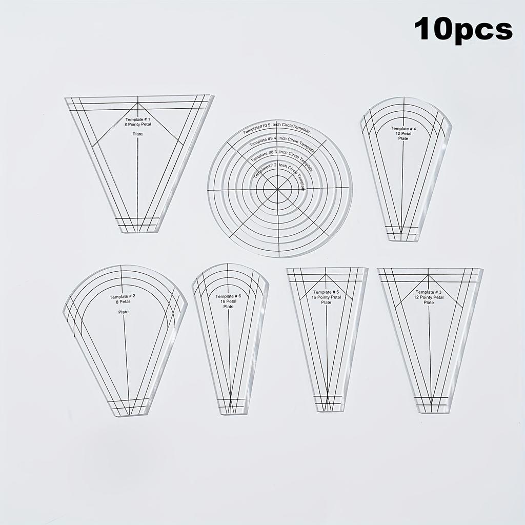 10pcs Set, Petal Round Template Ruler, Fabric Cutting Ruler, Sewing Patchwork Ruler, Clothing Pattern Ruler, DIY Quilting and Sewing Machine Templates