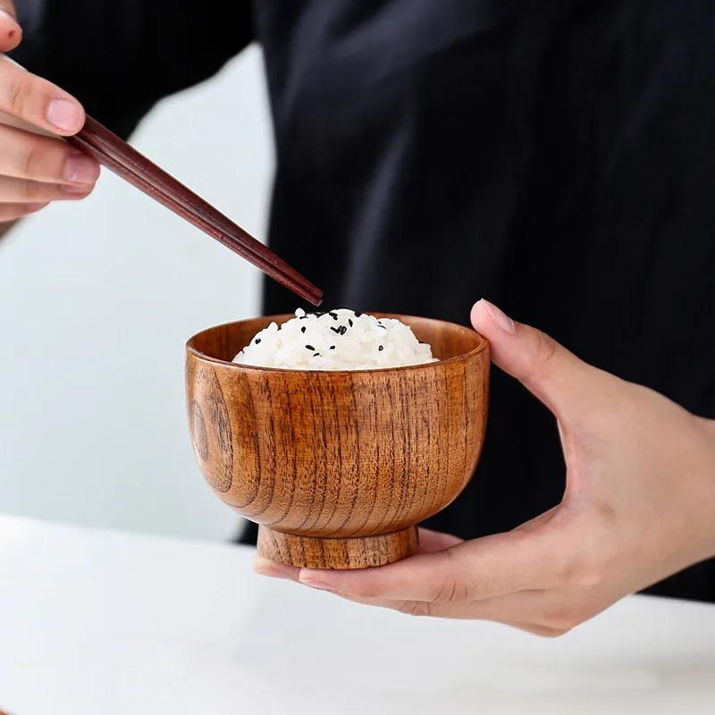 Japanischer Jujube-Holz Runder Großer Suppentopf Kreative Kinder-Reisschüssel Klassische Retro Holzschale