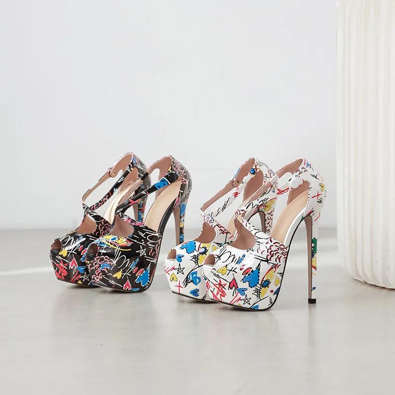 Marka Tasarımı El Boyaması Deri Platform Topuklu Ayakkabılar Kadın Seksi Açık Burun 16CM Ekstrem Yüksek Topuk Stiletto Parti Ziyafet Ayakkabıları