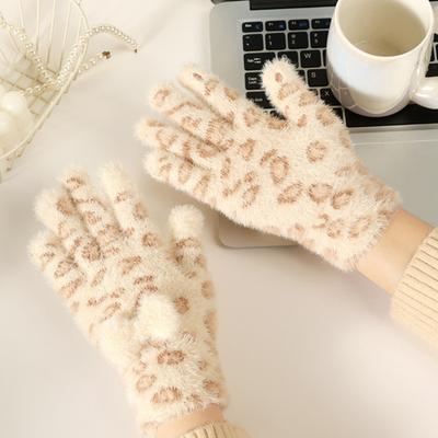 1 Pair Knitted Gloves Leopard Print Plush Warm Winter Gloves with Tie-Dye Color Bow