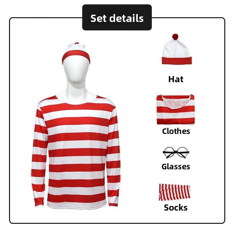 

Wheres Wally Cosplay Costume With Knit Fabric For Anime Role Play Adults And Kids Women,S