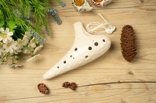 TNG Ocarina [Alto/C/AC / 12-Hole / Emerald] High-Quality Ocarina for Tube Play (Includes Strap) Glazed Finish with Ocean Wave Pattern (White)