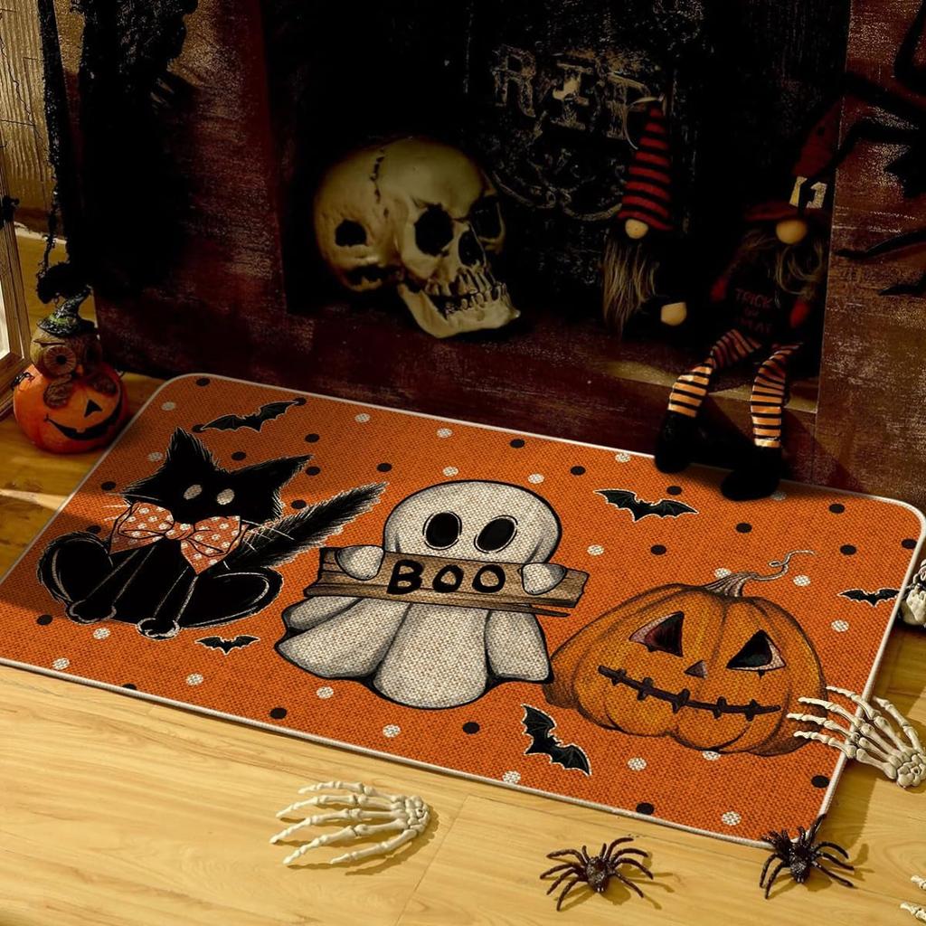 Halloween Ghost Pumpkin Crystal Velvet Carpet Non-Slip Waterproof Dirt-Resistant Floor Mat Indoor Decoration