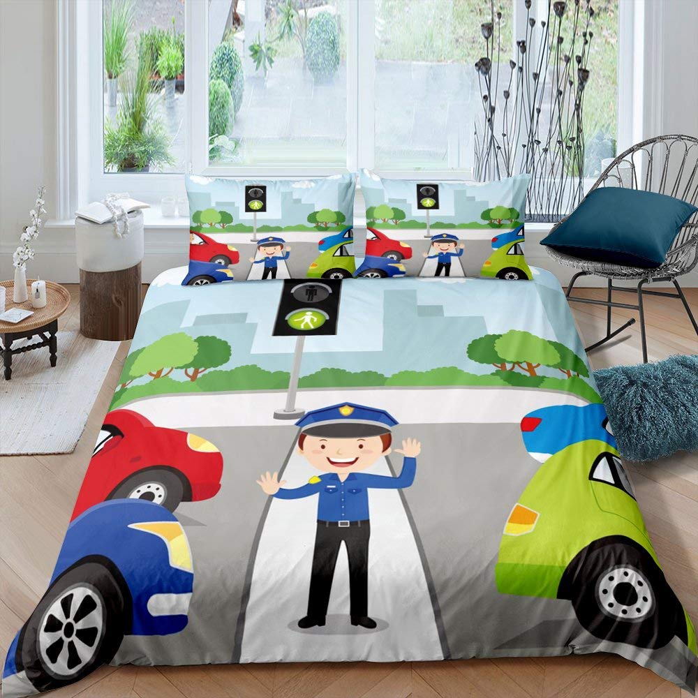 Police Car Duvet Cover Cartoon Set Car Blue Grey Emergency Responder Vehicles Polyester Quilt Cover With Pillowcases King Size
