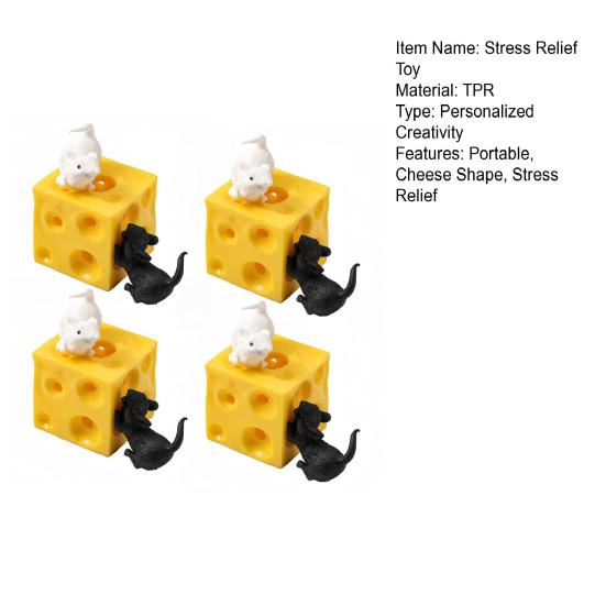 1/2/3/4Pcs Hollow Cheese Squeeze Toy with Black White Mouse Stress Relief Cheese Block Fidget Toy Relaxation Stress Ball Simulated Cheese Sensory Toy