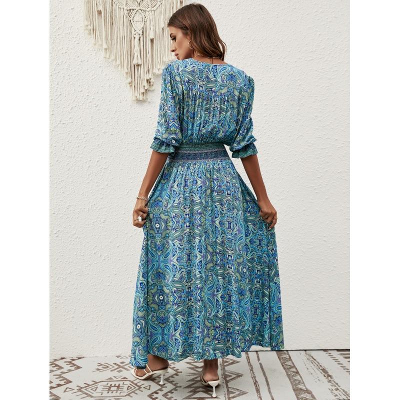 Women's Summer V-Neck Print Waist Bohemian Dress Holiday Breasted Beach Dress