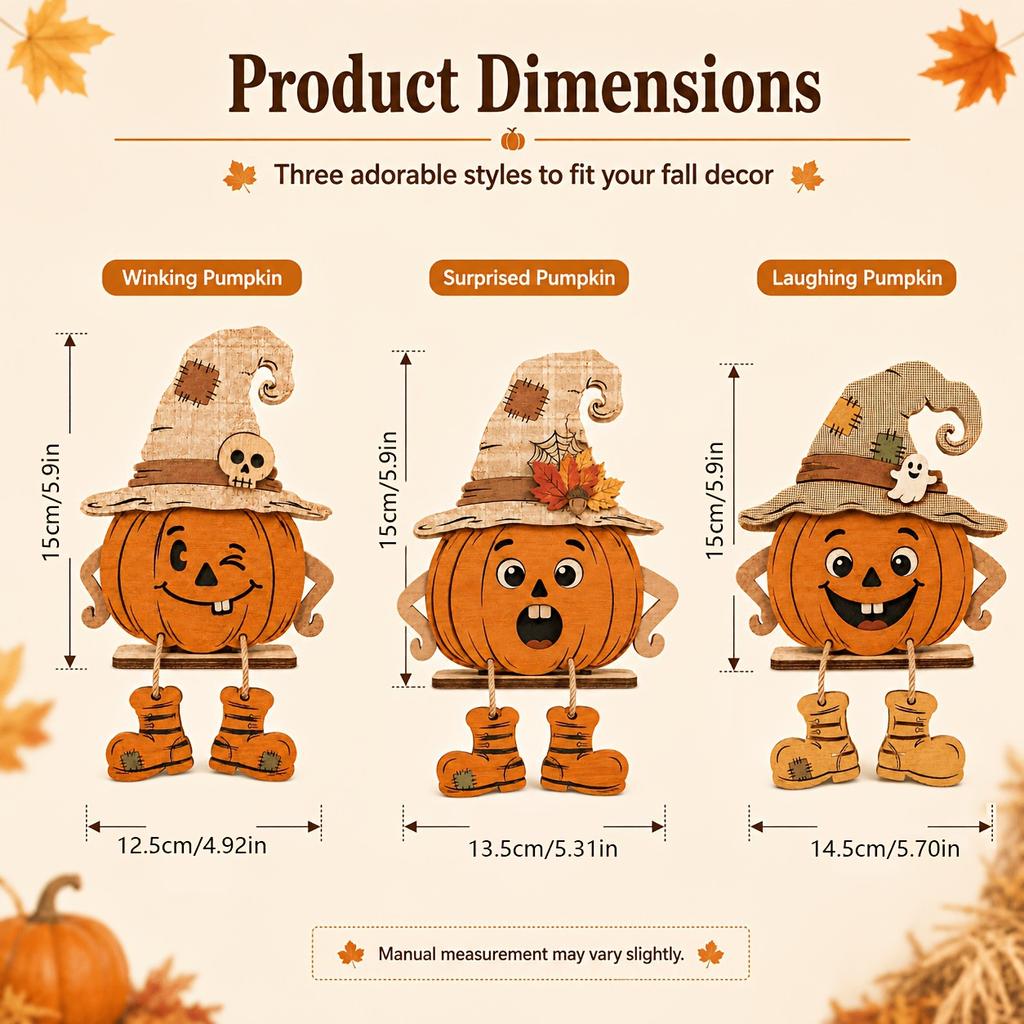 2D Flat 3Pcs Cute Halloween Wooden Pumpkin Sign Desk Tabletop Ornament Spooky Ghost Desktop Decor Festival Party Pack
