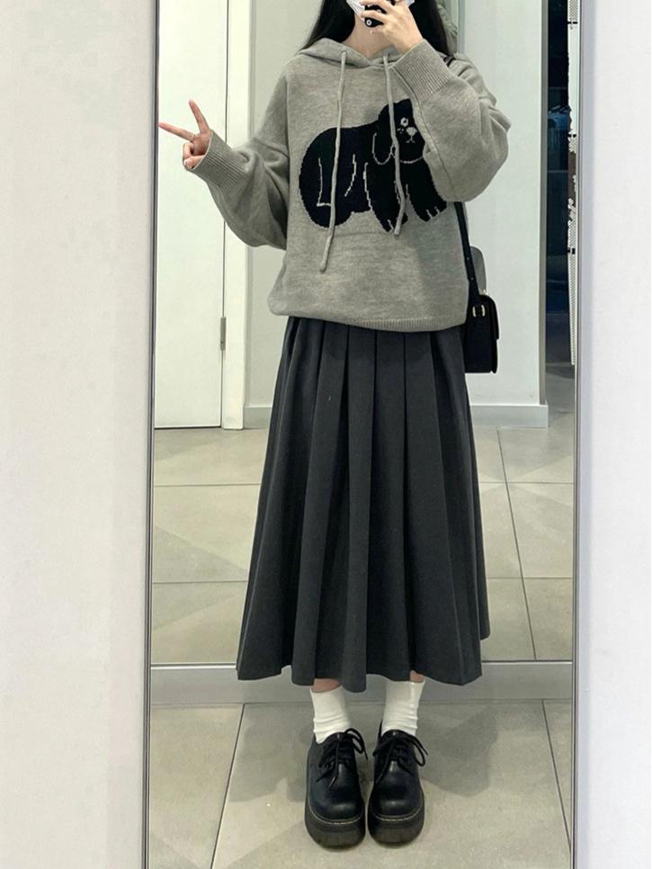 Gray Plus Size High Waist Soft Waxy Pleated Wool Skirt - Mid-length A-line for Women, Autumn Slimming