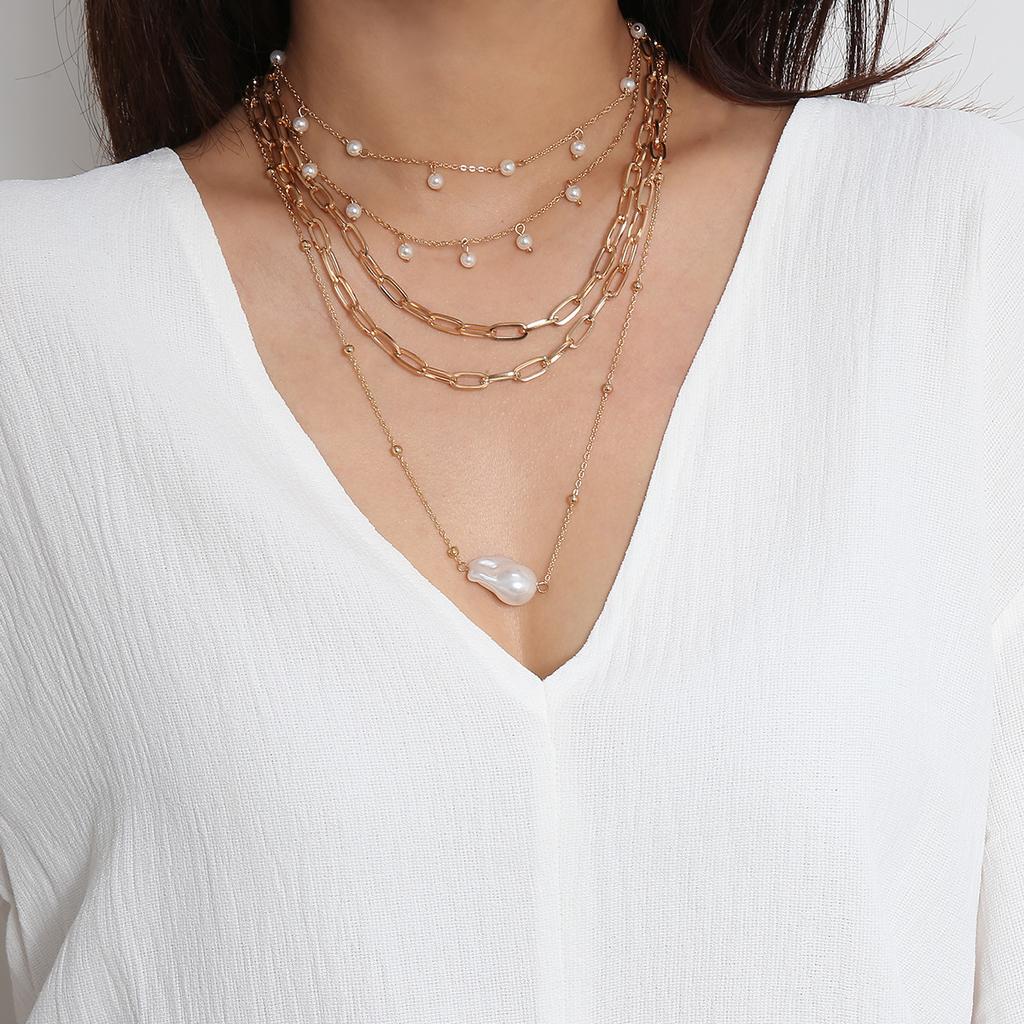 Simple Special-Shaped Imitation Pearl Chain Necklace, Temperament Round Bead Fringe Multi-Layer Geometric Necklace