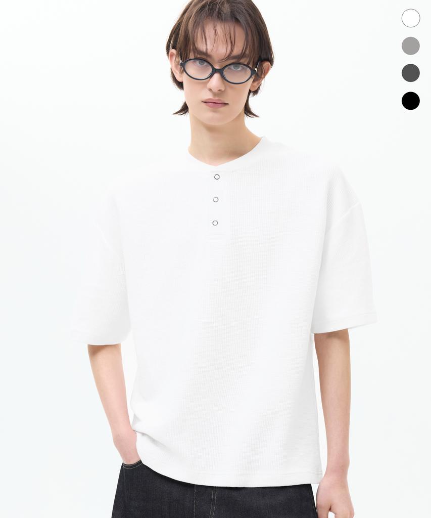 TRILLION Waffle Ring Snap Henley Neck Half Sleeve_4Color