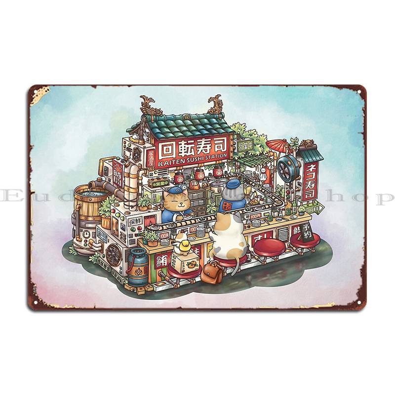 Steampunk Chubby Cat Sushi Restaurant Metal Sign Wall Pub Rusty Wall Decor Garage Designing Tin Sign Poster 20X30CM