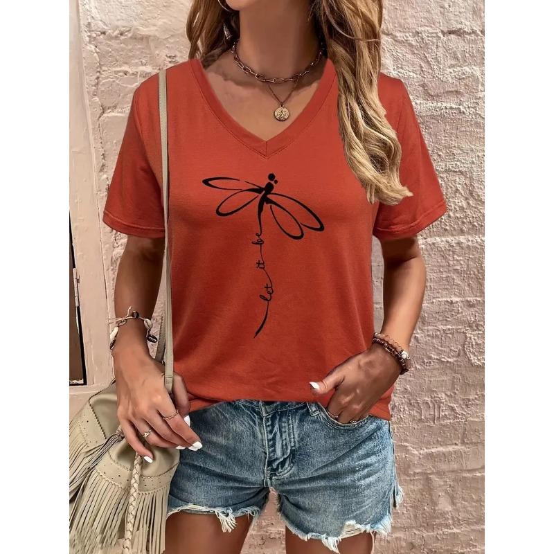 Summer V-neck 3D Dandelion Dragonfly Pattern Printed Top Fashionable Casual Short Sleeved Women's T-shirts