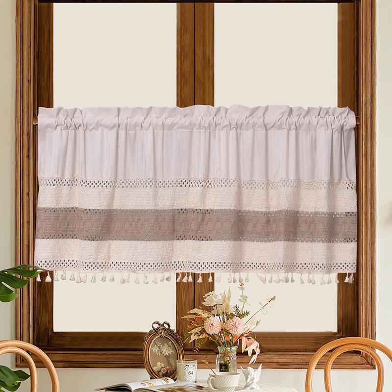 New linen cotton splicing rod short curtain kitchen curtain log wind short curtain solid color partition curtain