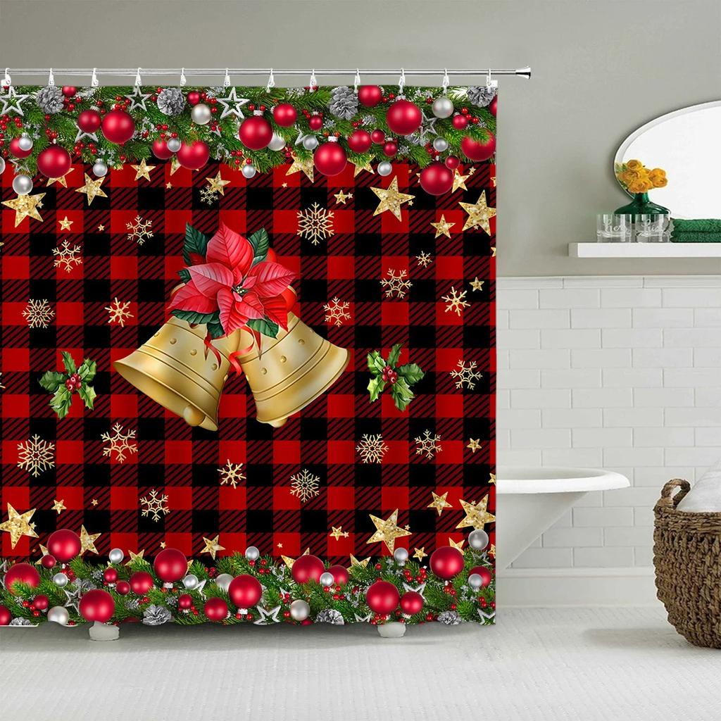 Christmas Shower Curtain Winter Snowman Snowflake Christmas Tree Red Truck Bell Red Bird Colorful Christmas Ball Bathroom Decor