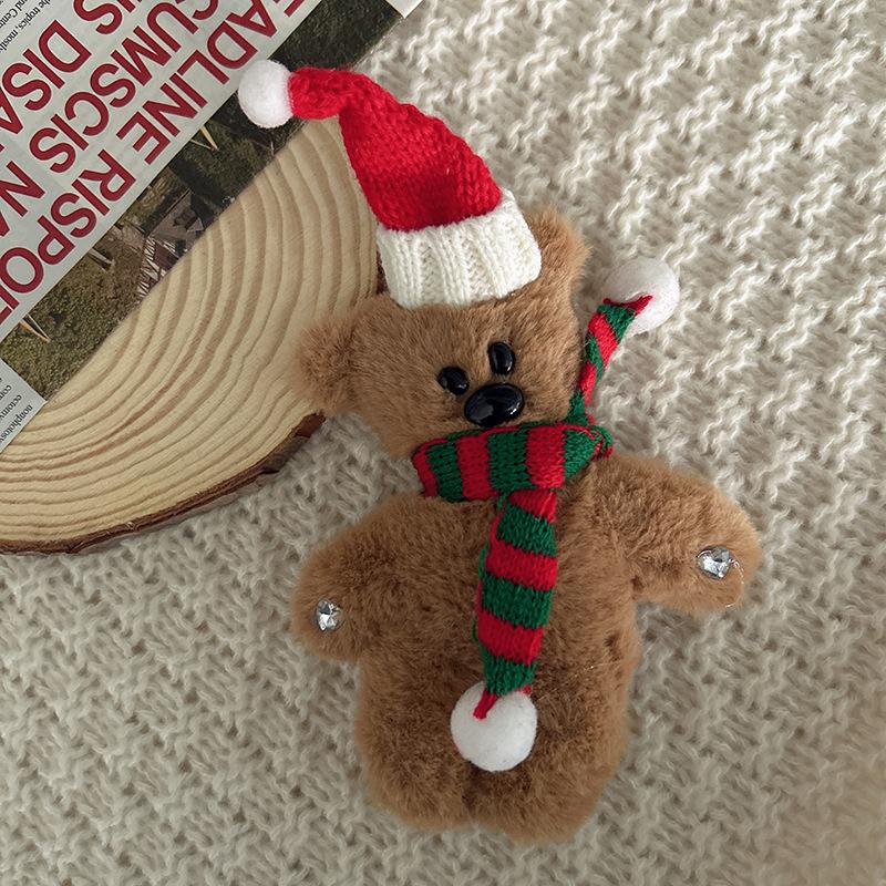 Kawaii Brown Little Bear Plush Keychain Cute Christmas Hat Bear Pendant Squeaking Bear Car Keyring Girls Women Bag Accessories