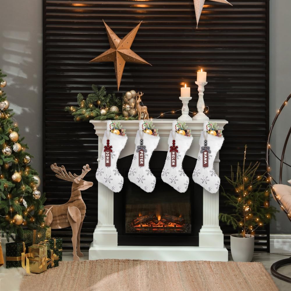 XIMISHOP 4PCS White Christmas Stockings, Large Xmas Glitter Snowflake Plush Hanging Stocking Decoration with Name Tags for Christmas Holiday Family