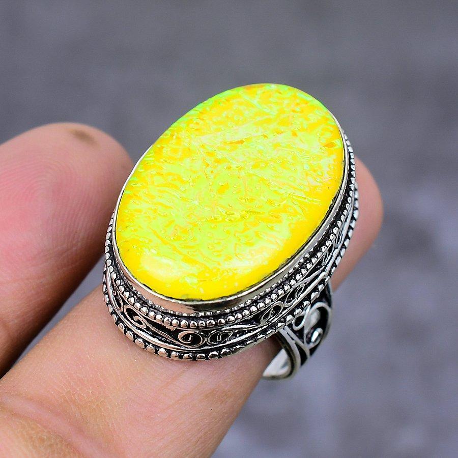 Żółty Opal Trypletowy Ręcznie Robiony Biżuteria Pierścionek Srebro Próby 925 Rozmiar 8.5 Z1z89