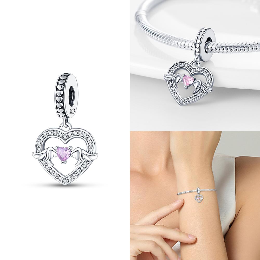 Color Trunk Heart Shape Bow Pink Charms Beads Fit Original Bracelets Copper Fine Diy Birthday Women Jewelry Gift