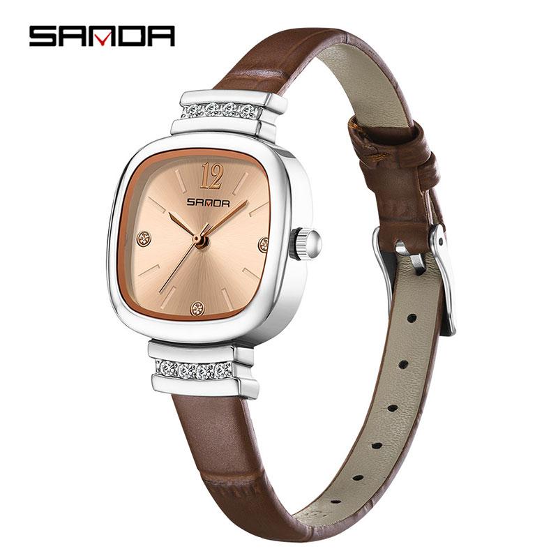 Sanda 7052 Fashion Square Diamond Watches For Women High Quality Waterproof Leather Quartz Watch Luxury Elegant Ladies Watches