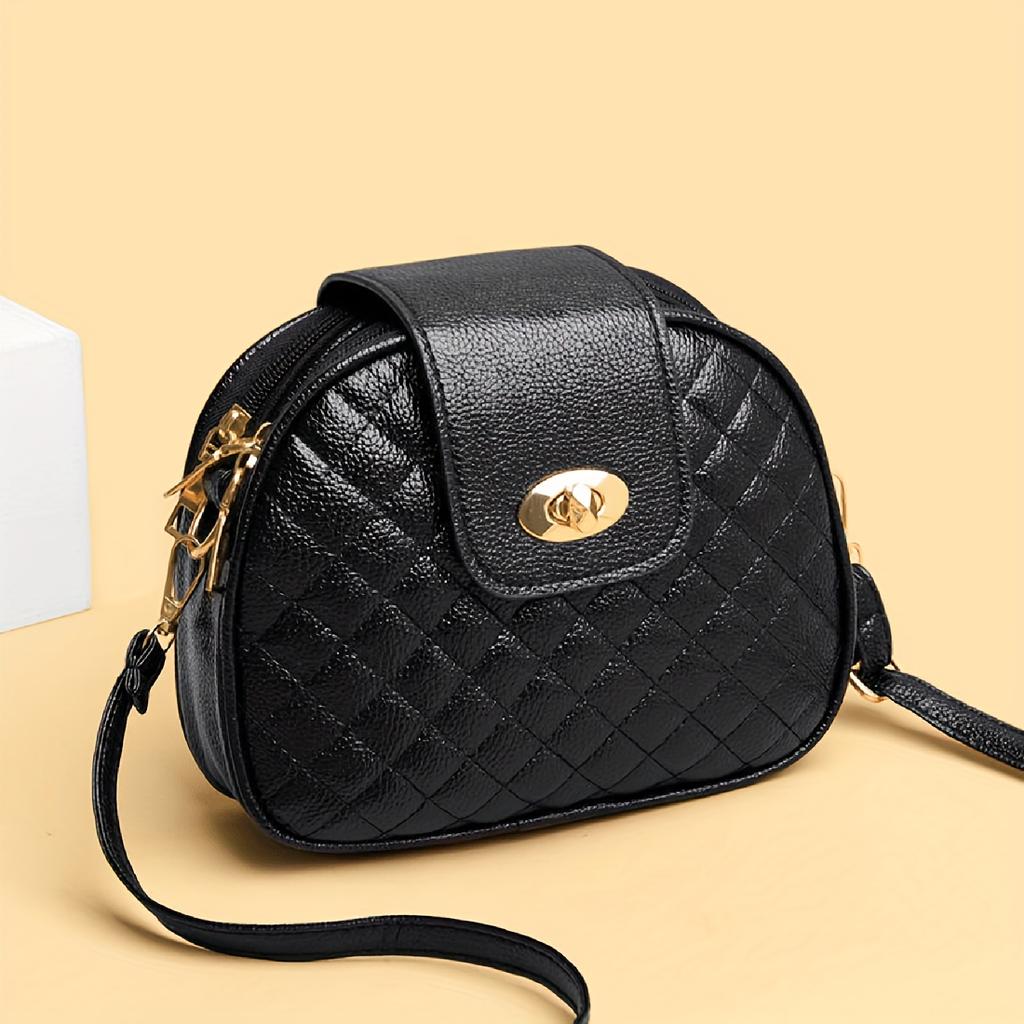 Mini Round Satchel Fashion Women's Shoulder Crossbody Bag, Faux Leather Argyle Quilted with Triple Compartment, Polyester Lining, Adjustable Strap