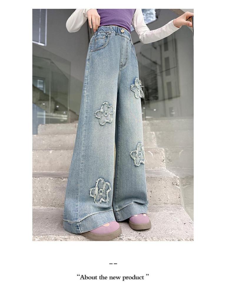 Girls' Embroidered Wide-Leg Denim Pants - Spring & Fall 2026 Junior High Style