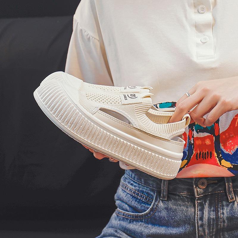 Thick-soled hollow sports shoes women's summer fly-woven mesh shoes board shoes casual breathable one-pedal lazy shoes