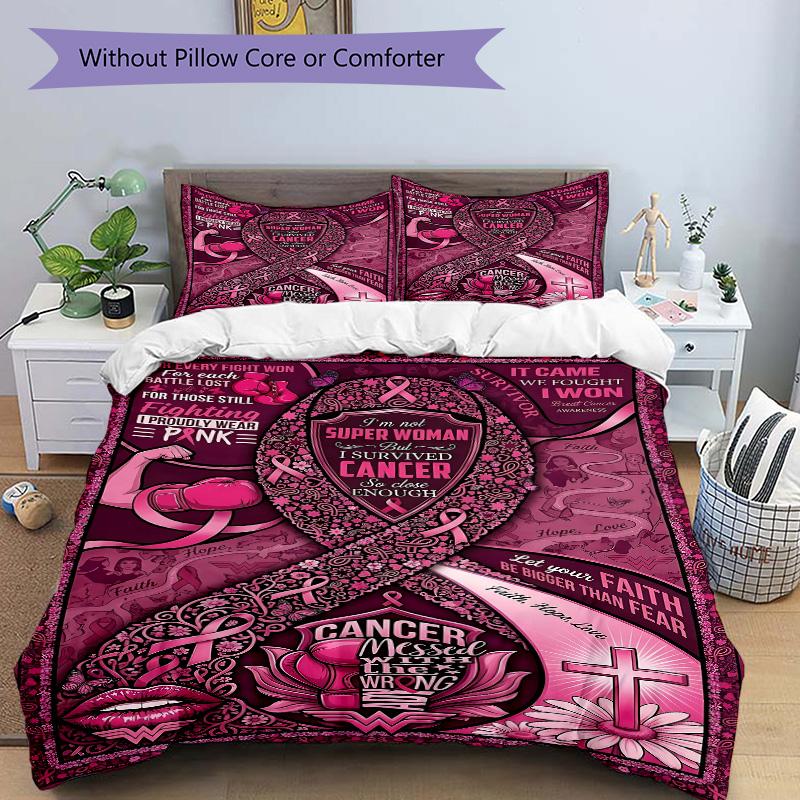 Breast Cancer Awareness Ribbon Print 3Pcs Bedding Setduvet Cover With 2 Bedropillowcase Home Birthday Gift