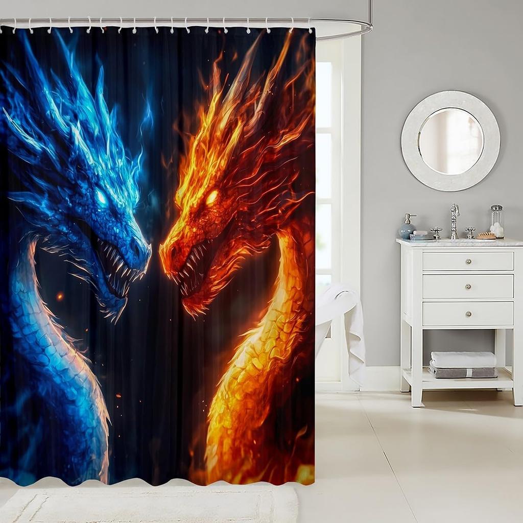 Bathroom Shower Curtain Sets 3D Gragon Painting Lshower Curtain,Magcial Wildlife Animals Fabric Shower Curtain Blue And Red