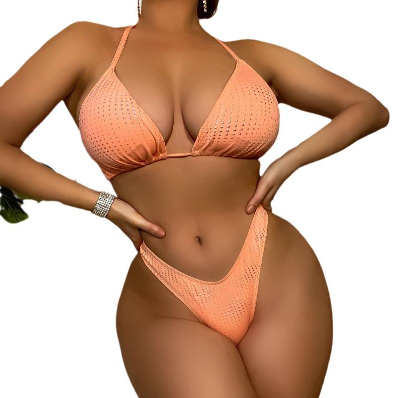 Modne Bikini Halterneck z Geometrycznym Nadrukiem w Jednolitym Kolorze 2419