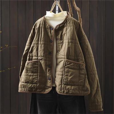 Women Vintage Jackets O-Neck Long Sleeve Solid Color Coats Winter Patchwork Pockets Casual Warm Jackets