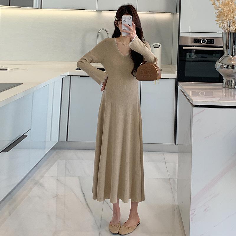 Spring 2026 Korean Style Slimming Knit Patchwork Lace Maternity Dress L (115-130 lbs)