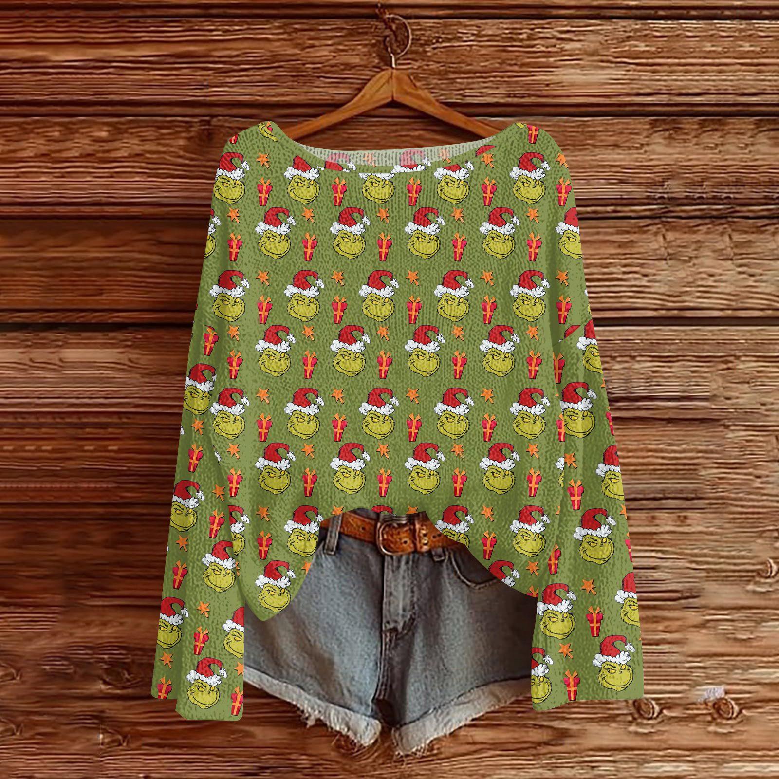 

Женский легкий свитер с круглым вырезом, повседневный вязаный пуловер с длинным рукавом и рождественским принтом. XXL