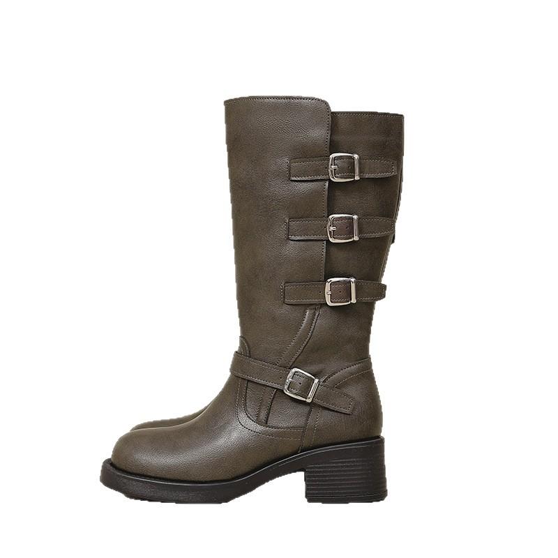 Vintage Martin Boots Women's 2025 Autumn and Winter New Belt Buckle Medium Boots British Style Platform Knight Boots