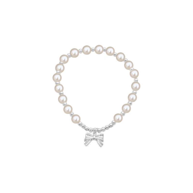 S925 Sterling Silver Bow Imitation Shijia Pearl Fashion Bracelet for Girls In an Ins Style Sweet and Girlish, Simple and Elastic