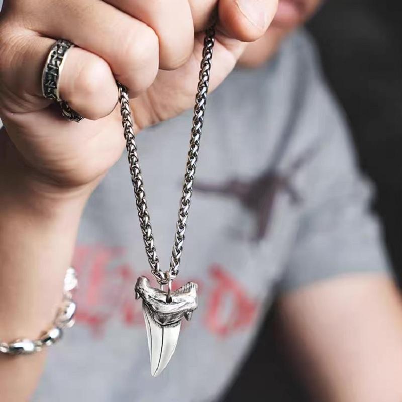 Colier cu dinte de rechin din argint real, pandantiv pentru bărbați, bijuterii cu lanț din argint S925, cadou