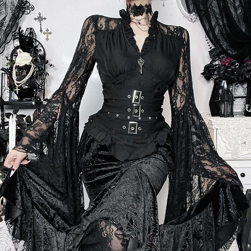 Xs26026 Dark Style Black V-Neck Lace Patchwork Top 2026 New Gothic Style Slim Fit Top for Women Black S