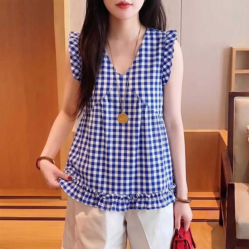ZANZEA Women Plaid Print Casual V-Neck Sleeveless Tank Tops M синий
