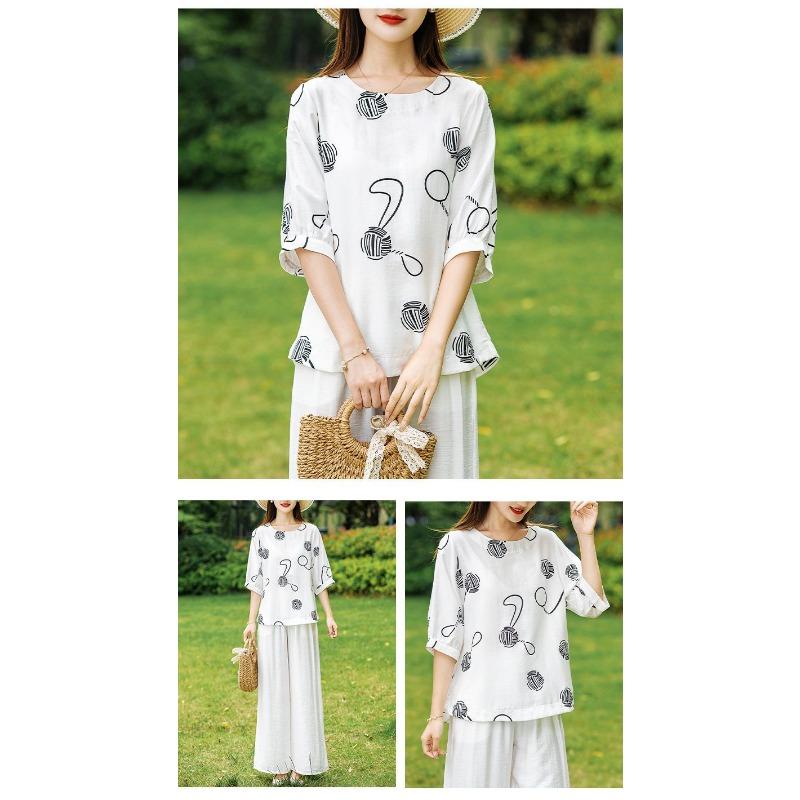 Summer Printed Cotton and Linen T-shirt Mid-sleeve Fashionable Shirt Loose Large Size Middle-aged and Elderly Women's Summer Top