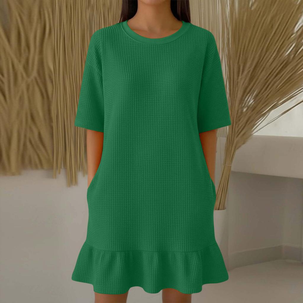 Women Casual Summer Dress Short Sleeve Crew Neck Mini Dress Ruffle Hem Dress Flowy Beach Sundress