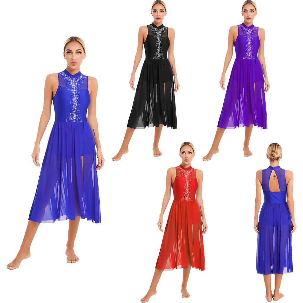 Damen-Tanzkostüm, glitzerndes, ärmelloses Kleid mit Strasssteinen, Mock-Neck-Rücken, Schlüsselloch-Kleid mit seitlichem Schlitz