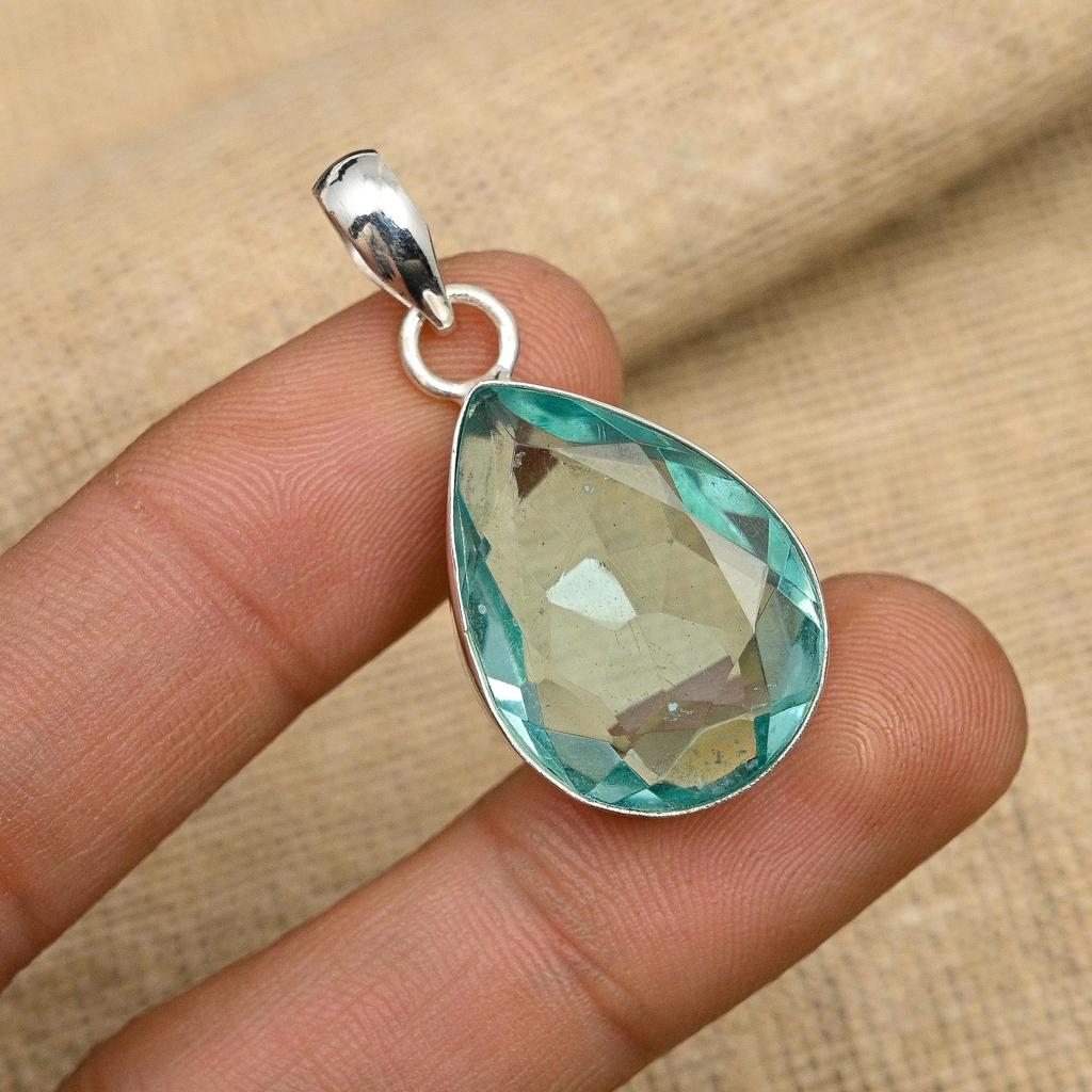 Aqua Apatit Edelstein Handgefertigter Schmuckanhänger aus 925er Sterlingsilber für Hochzeitsgeschenk