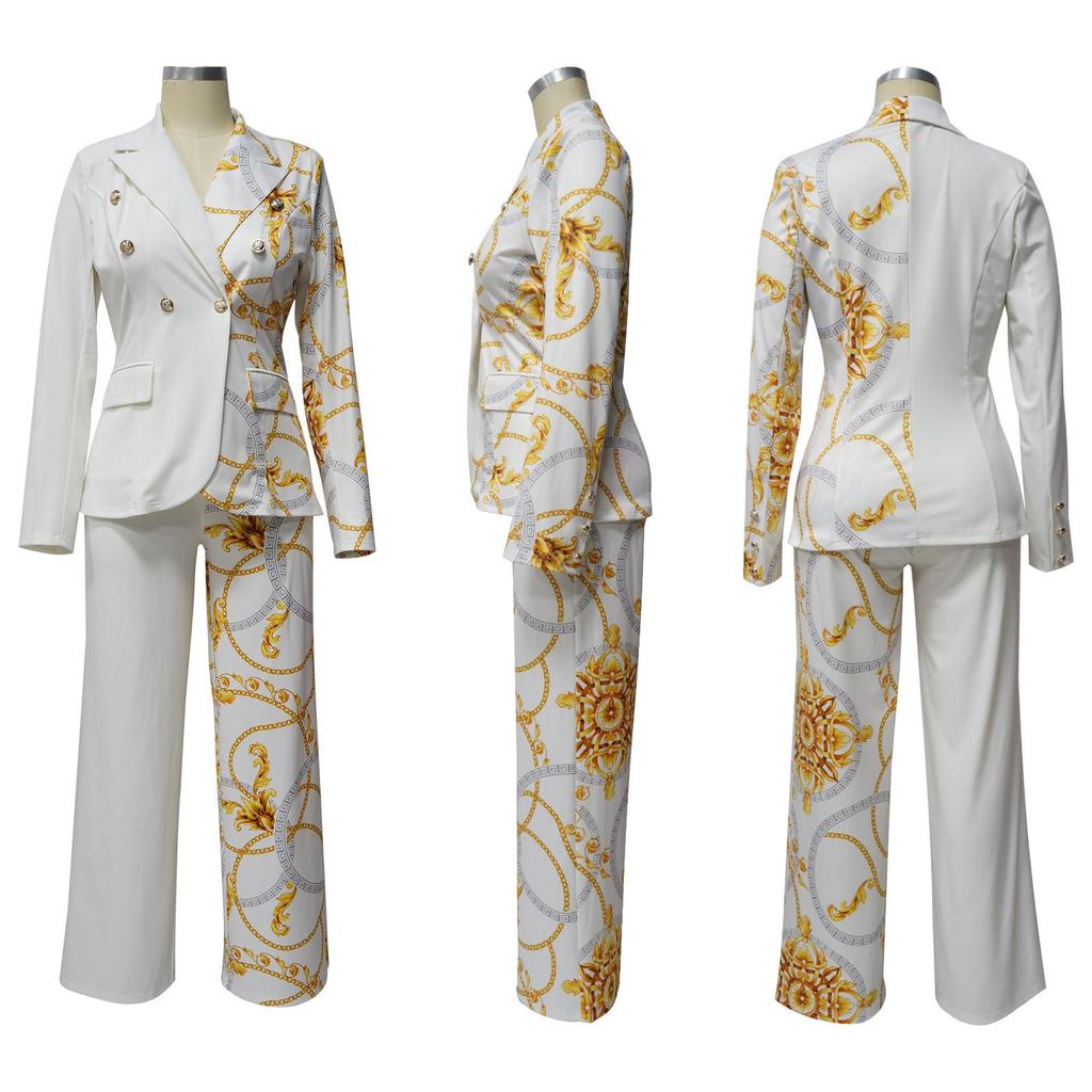 K10602 Women's Fashion Notched Collar Long Sleeve Printed Suit Two-Piece Set