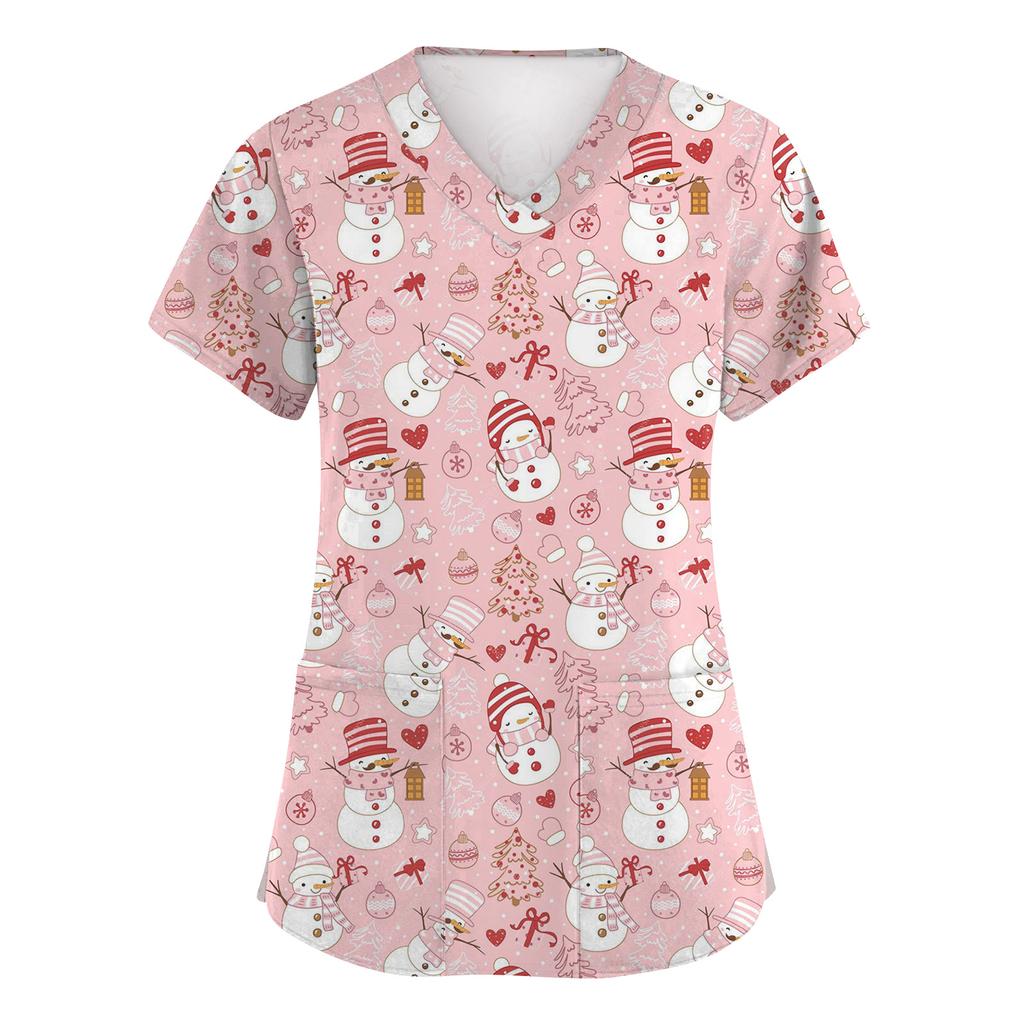 Women's Fashion Short Sleeve Christmas Print V-Neck Pocket Workwear Tops