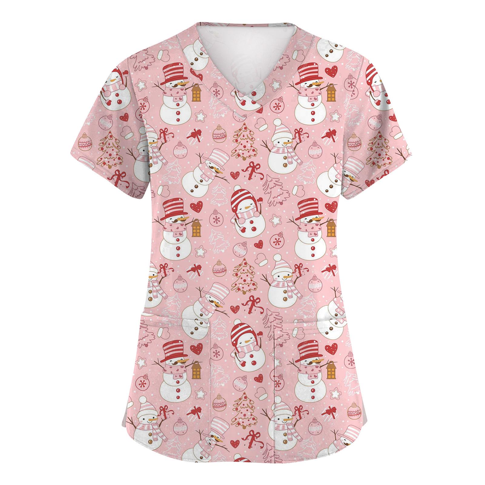 

Женские модные топы с коротким рукавом, рождественским принтом, V-образным вырезом, карманом, рабочая одежда XXL розовый