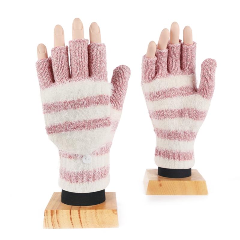 Soft Warm Gloves Winter Knitted Gloves Soft Cartoon Striped Fingerless Gloves with Flip Top Warm Glove Stretchy Mitten
